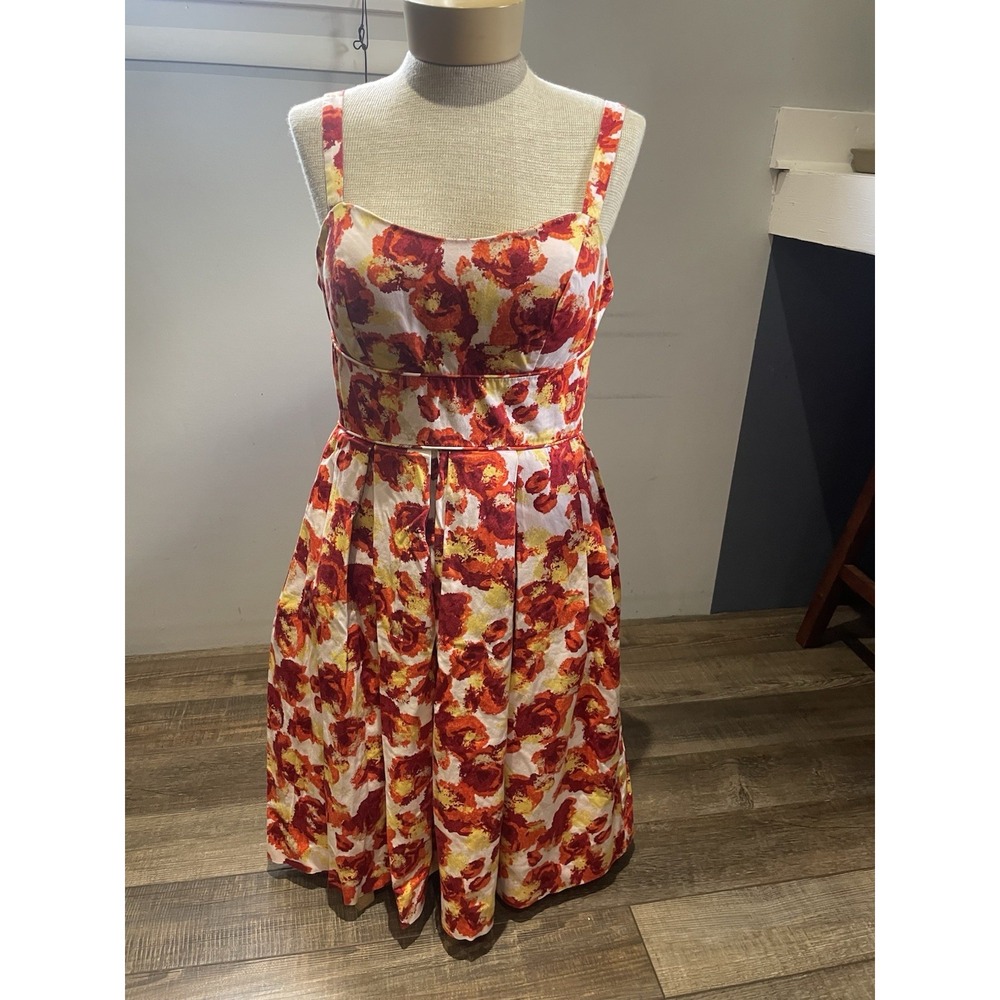 Cato Women's Orange Yellow Red  & White Floral Fit & Flare Knee Length Dress 8